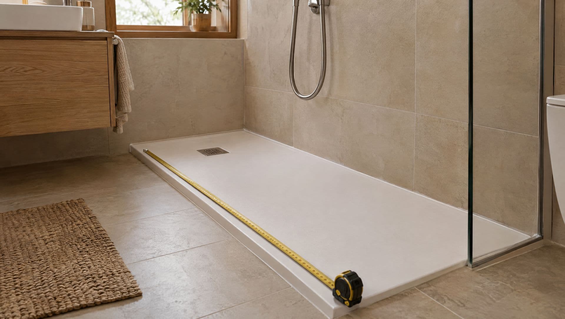 Cinta métrica extendida sobre un plato de ducha blanco extraplano recién colocado