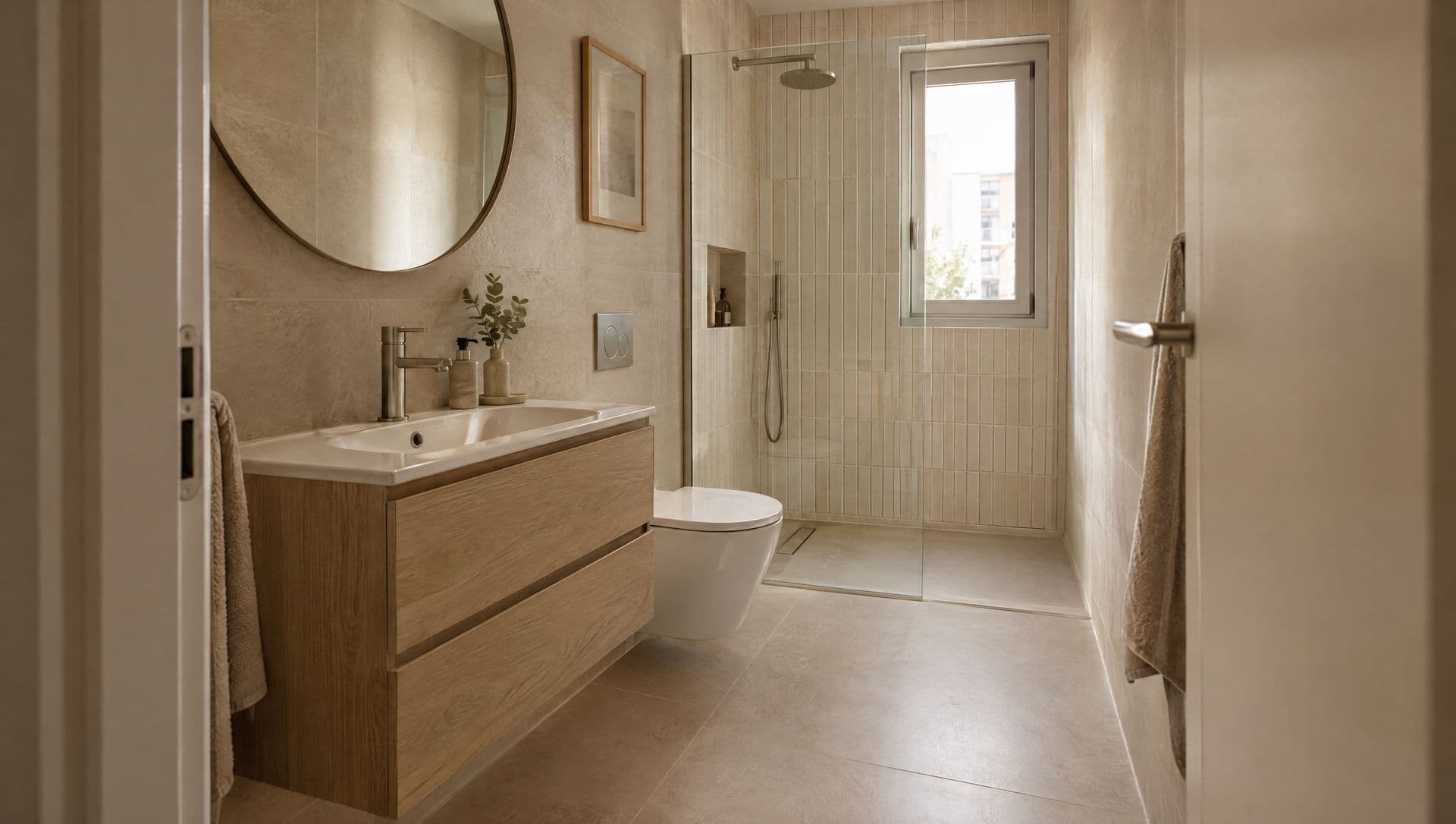 Baño estrecho con mueble suspendido de roble, espejo redondo y ducha al fondo con mampara fija