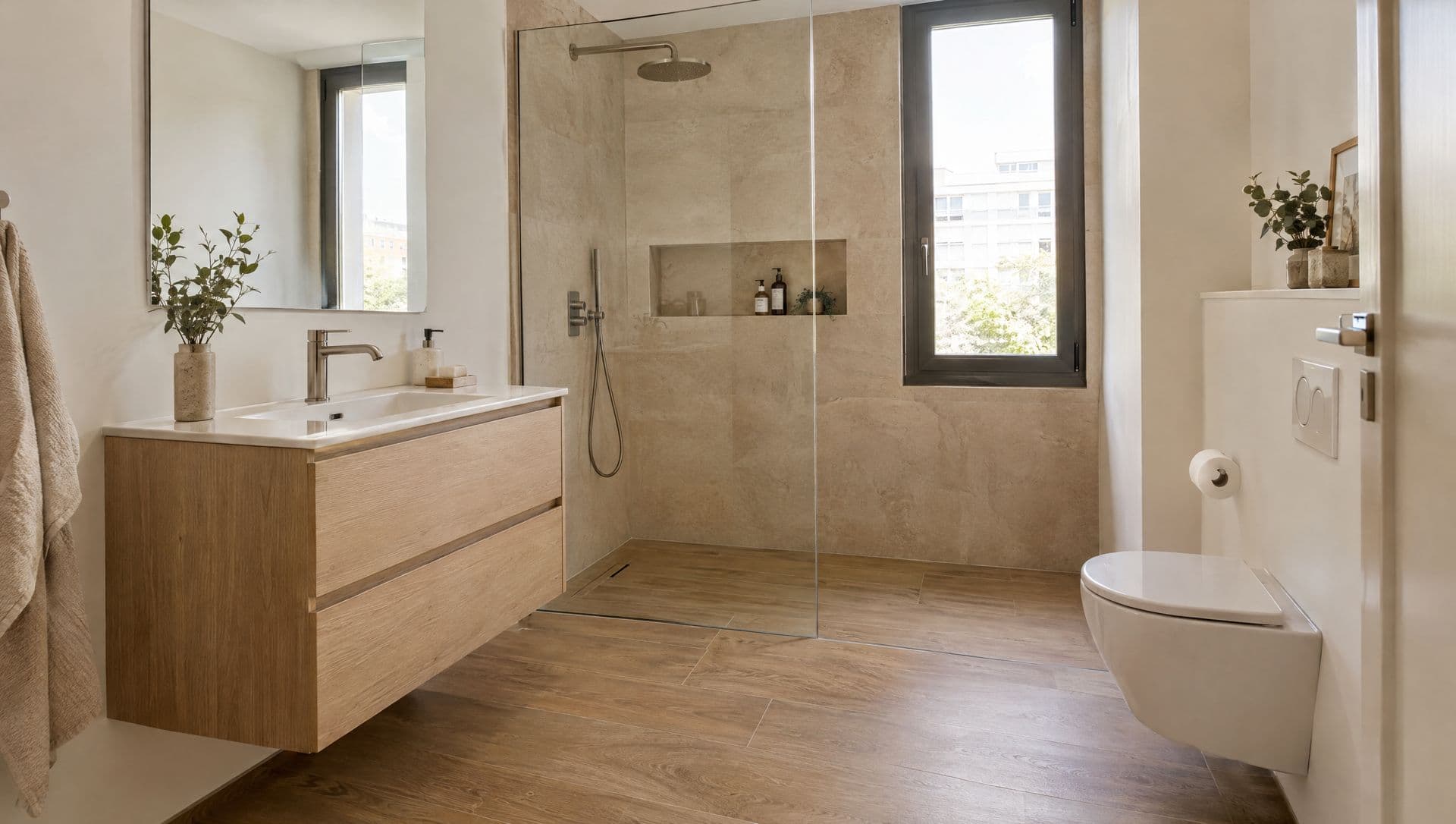 Suelo porcelánico efecto madera en un baño con mueble suspendido y ducha a ras de suelo