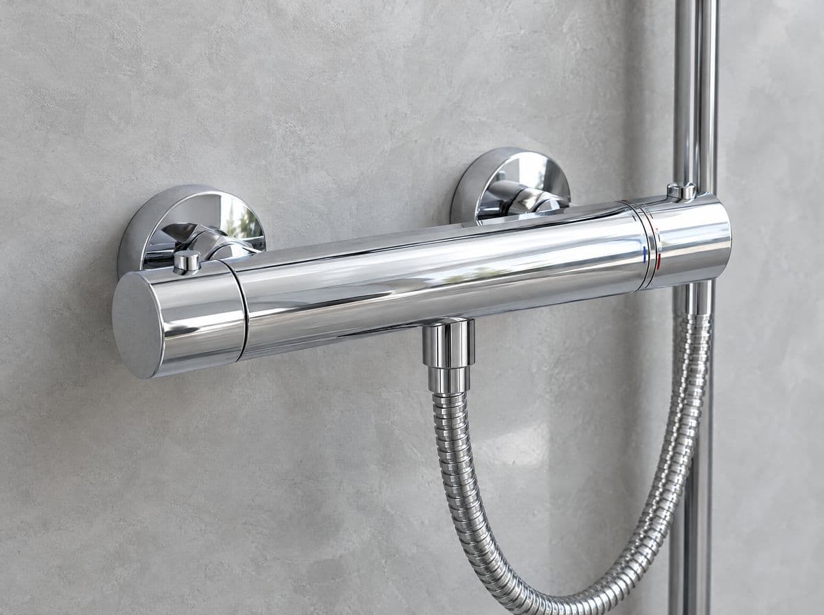 Grifo termostático de ducha cromado sobre pared de microcemento gris