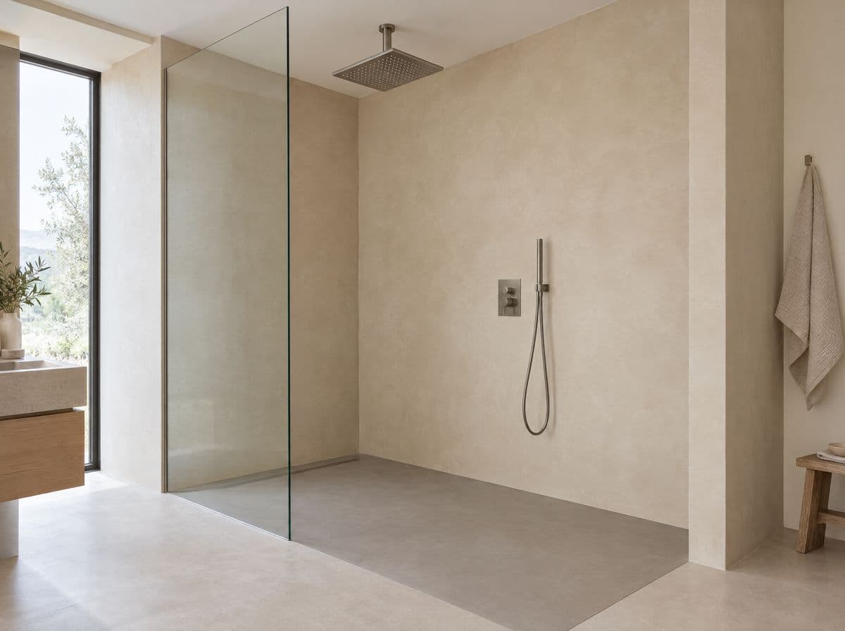 Ducha abierta con un solo panel de vidrio, rociador de techo y pared beige