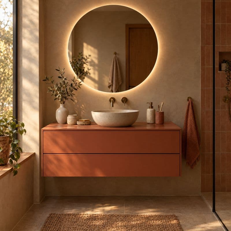 Mueble terracota con espejo redondo iluminado