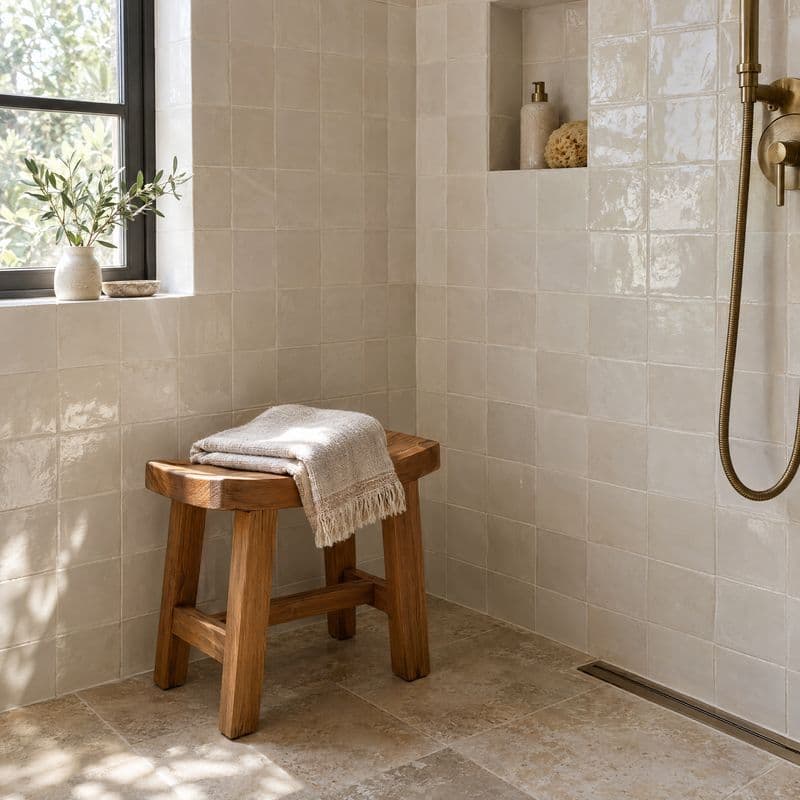Taburete de teca con toalla de lino junto a azulejo blanco artesanal