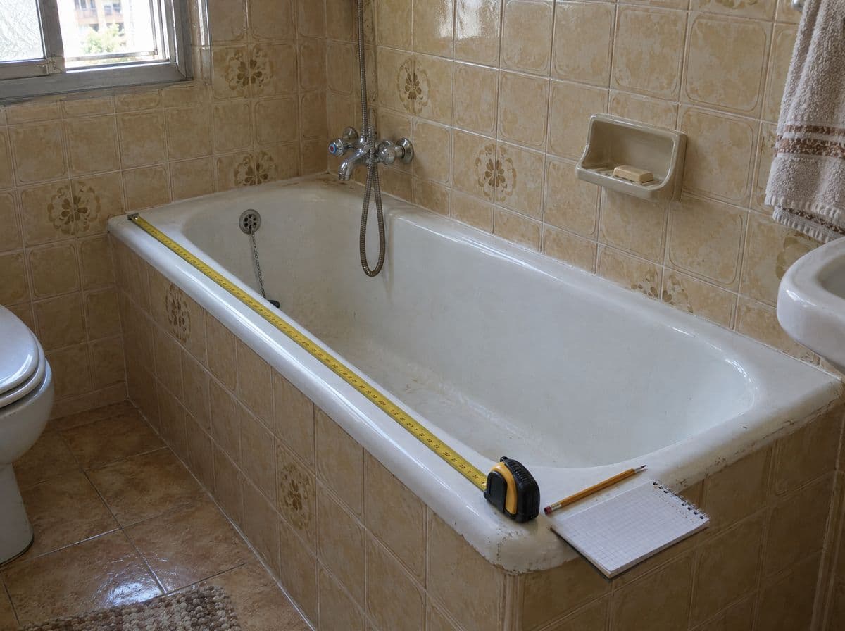 Cinta métrica extendida sobre el borde de una bañera antigua de azulejo beige