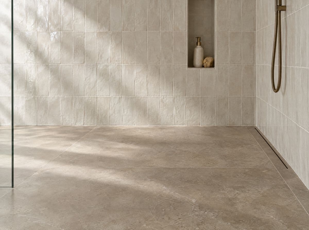 Suelo porcelánico efecto piedra y pared de azulejo artesanal con hornacina